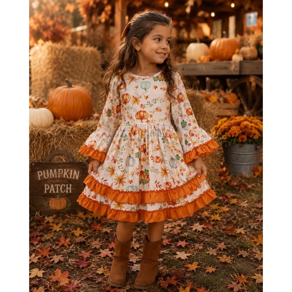 Girls Fall Pumpkin Patch Ruffle Dress Orange Floral Thanksgiving Boutique 6-7Y